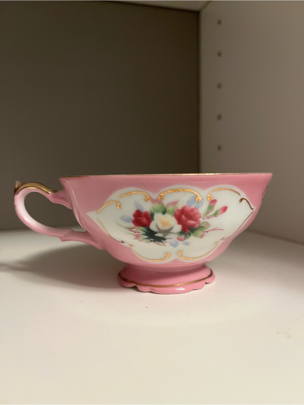 Vintage Japanese Export Crown M China Tea Cup, Pink/ Floral with gold trim.